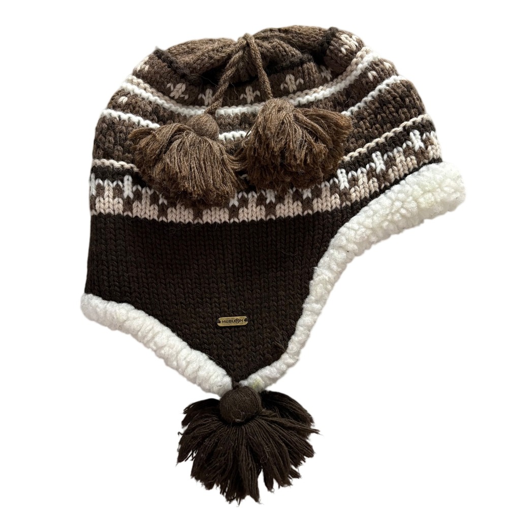 McBURN Italy Wool Blend Fair Isle Earflap Beanie Hat Sherpa Lined Brown 81803